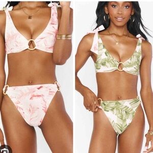 Show Me Your MuMu Pink Palm Leaf Tie-Shoulder Bikini Top Small. Reversible
